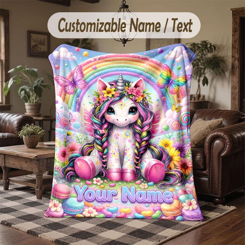 Unicorn Theme Throw Blanket Custom Name Text Personalized Blanket Soft Cozy Blanket for Home Sofa Bed