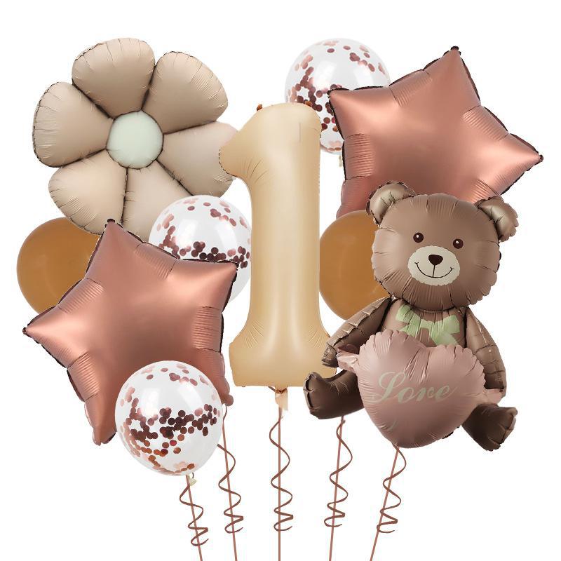 Matte Love Bear Colored Daisies 40 Inch Caramel Cream Aluminum Film Sequins Latex Balloon Birthday Set