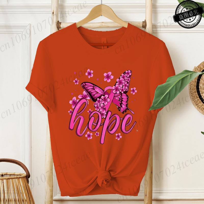 Hope Pink Ribbon Butterfly Breast Cancer Awareness Warrior Print Women's T-Shirt,Graphic Tee Tops,Casual Streetwear Fashion Tops