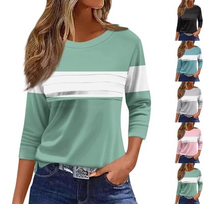 Women's Fashion Casual Loose 3/4 Sleeve Striped Printed Round Neck Top