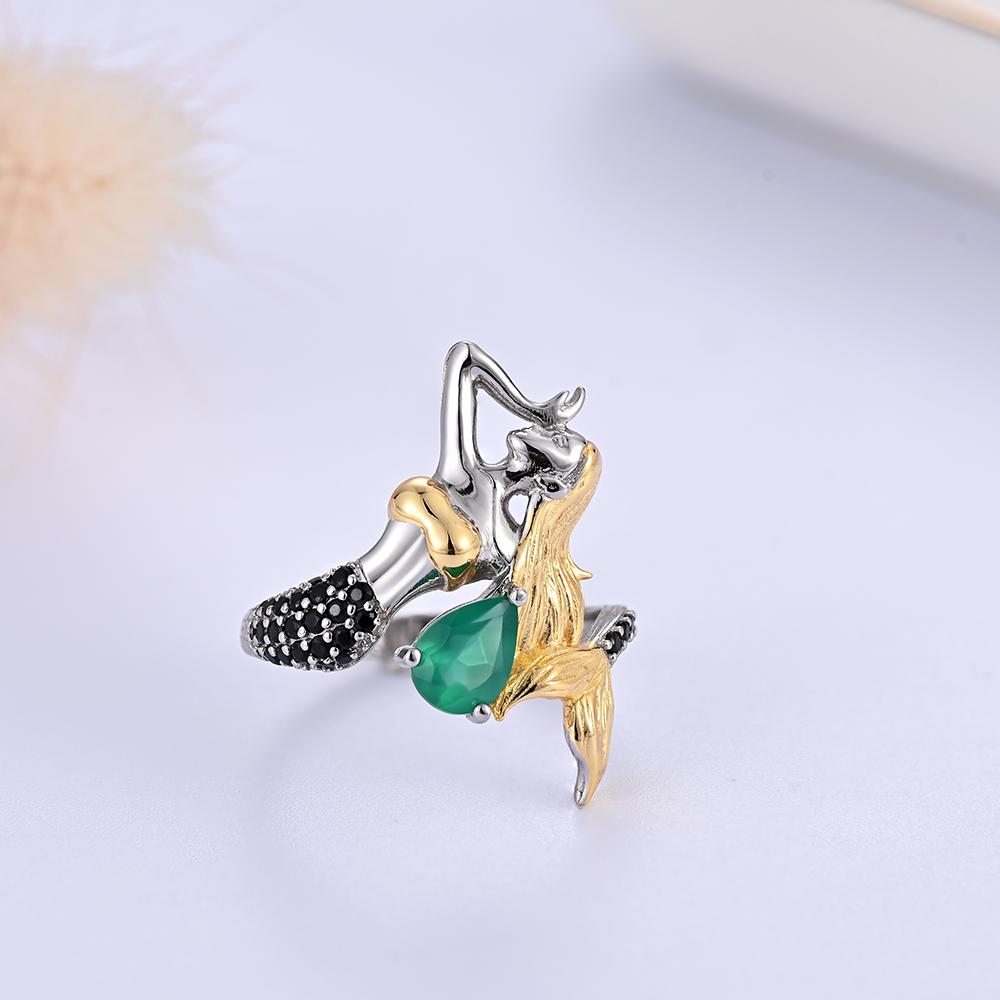 Gorgeous mermaid-shaped design paired with natural green agate gems ring Earrings Set 925 silver fine jewelry for women and girl