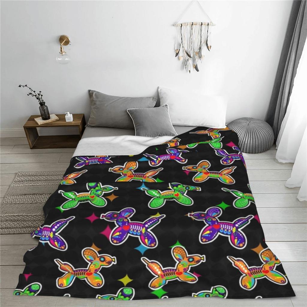 Sugar Skull Balloon Dogs Blanket Rainbow Camping Flannel Throw Blanket Warm Soft Couch Bed Custom DIY Bedspread Gift