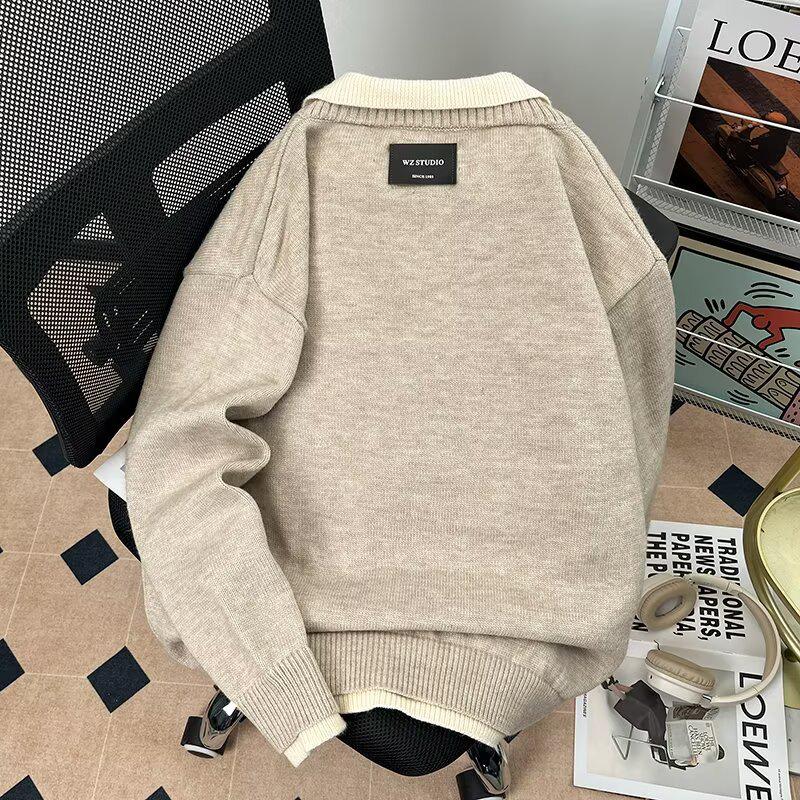 Женский серый свитер с блоками цвета имитирующий двойку с отложным воротником - Осенний ленивый стиль вязаный топ M абрикосовый 2870₽