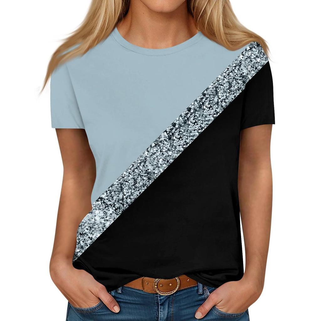 Women's Color Block Glitter Stripe Short Sleeve T-shirts Summer Round Neck 3D Print Top Fashionable Casual Tops