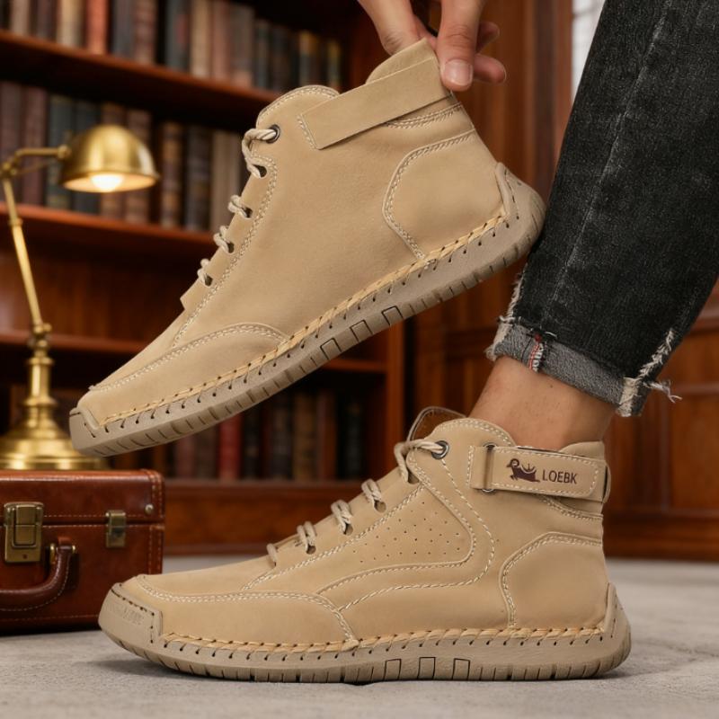 Retro Handmade Stitched Men's High-Top Leather Boots Buckle Strap Casual Shoes  New Comfortable Non-Slip Flat Luxury Shoes
