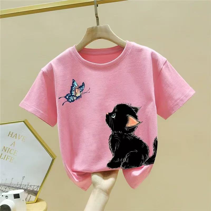 Summer Kids Cotton Short Sleeve T Shirt Cute Cat Print Boys Girls Half Sleeve Top