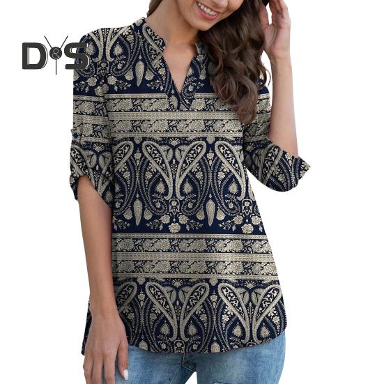 Women Shirt V-neck 3/4 Roll-Up Sleeves Lightweight Tops Flower Print Flowy Hem Tunic Tops Daily Wear