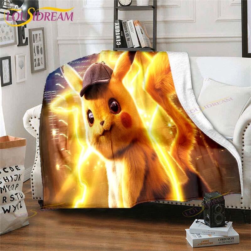 Cartoon Pokemon Printed Pikachu Fleece Plush Blanket Soft Warm Blanket for Adults and Children Bedroom Sofa Gift  Picnic Blanket