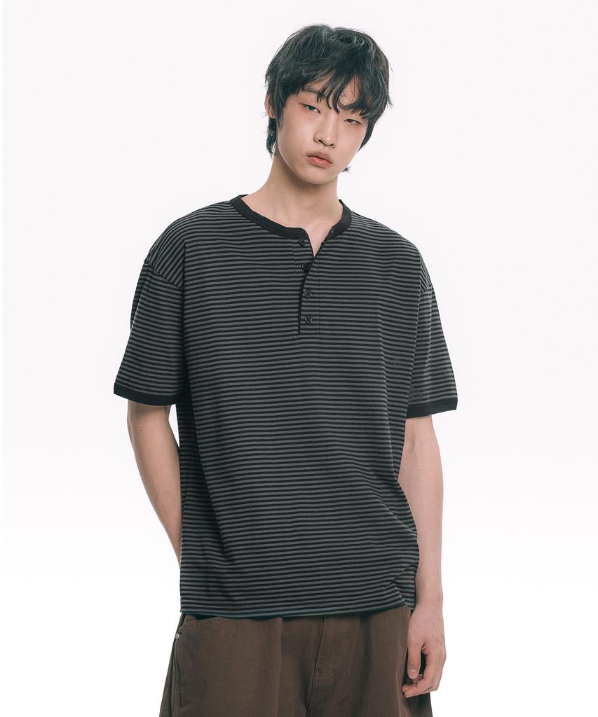 MOO Striped Henley Neck Short Sleeve Tee - Black