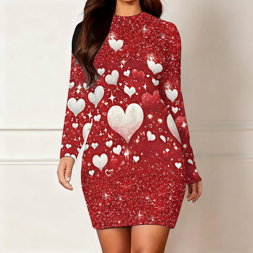 Podzim a zima 2025 Nové dámské módní šaty s 3D potiskem a barvením s motivem srdce, s dlouhým rukávem, kulatým výstřihem, obepínající boky, limitovaná edice ke Dni svatého Valentýna