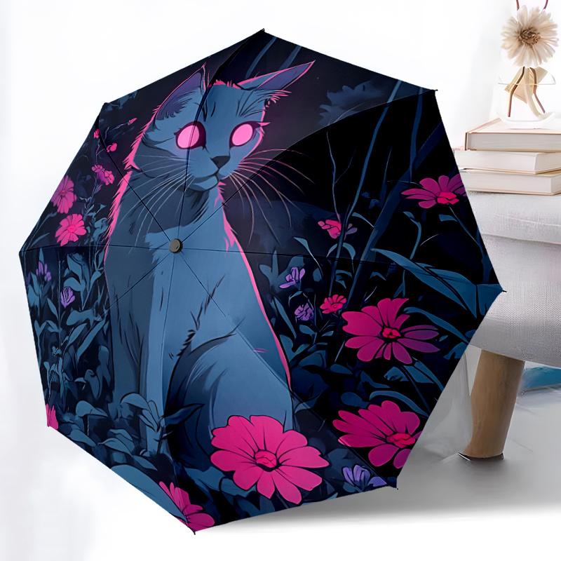 1pc Neon Cat Midnight Flowers Automatic Open/close Umbrella, 8-Rib sturdy structure, Portable Travel Umbrella, Parties, Everyday Use,23