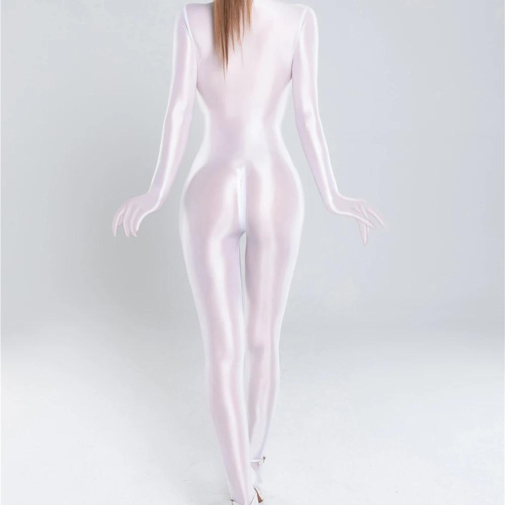 Womens Shiny Satin Glossy Silky Leotard Jumpsuit 2 Zipper Open Bust & Crotch Bodysuit Catsuit For Sex Game Couple Sex Toys