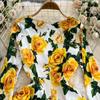 Summer Runway Fashion Rose Flower Print Bodycon Dress Women Holiday O-Neck 3/4 Sleeve Elegant Split Midi Party Dresses