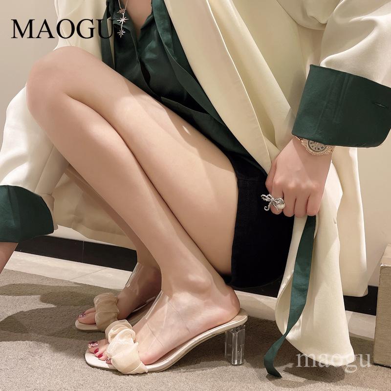 Women's Ruffled Clear Strap Heeled Mules Elegant Transparent Block Heel Sandals Slip-On Summer Fashion Slippers Pantuflas Mujer