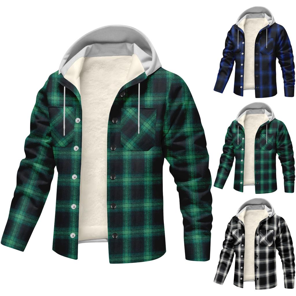 Men's Striped Plaid Casual Loose Button Lapel Long Sleeve Hooded Cardigan Shirt Jacket