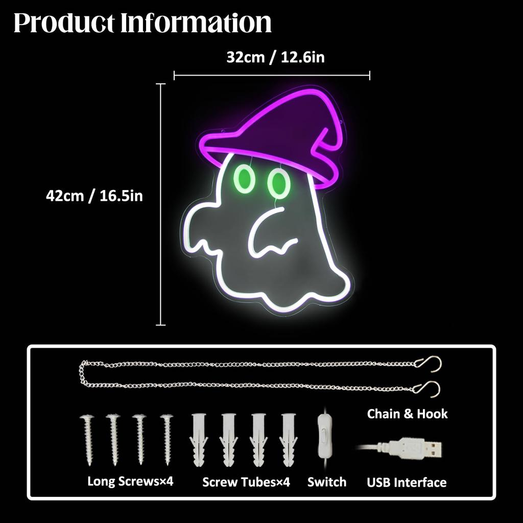 Witch Hat Ghost Neon Sign for Wall Decor Halloween Spooky Ghost LED Sign Gothic Lamp for Bedroom Bar Halloween House Party Decor