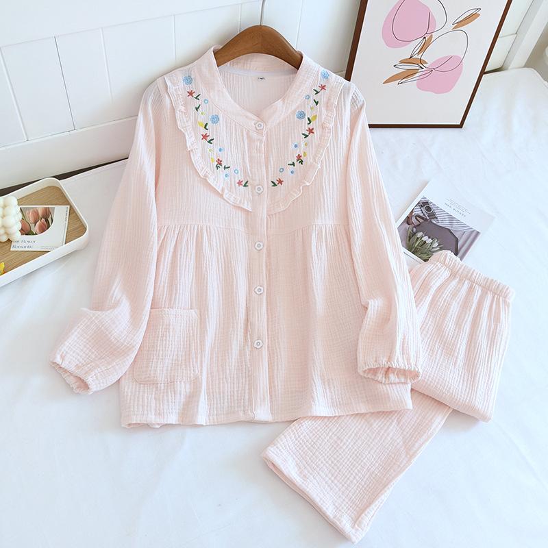 New Spring and Autumn Women's Pajama Set 100% Cotton Crepe Embroidery Home Suit Long Sleeve Long Pants Thin Large Size Set