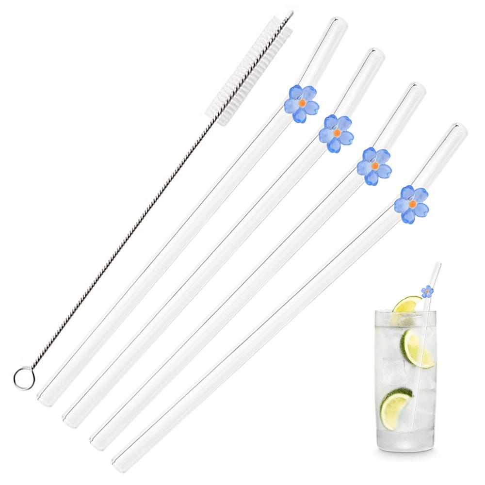 

5Pcs 8mm Glass Straw Reusable Drinking Straws Cute Flower Heat-Resistant Straw For Festival Party Wedding Cocktail Bar Beachs синій