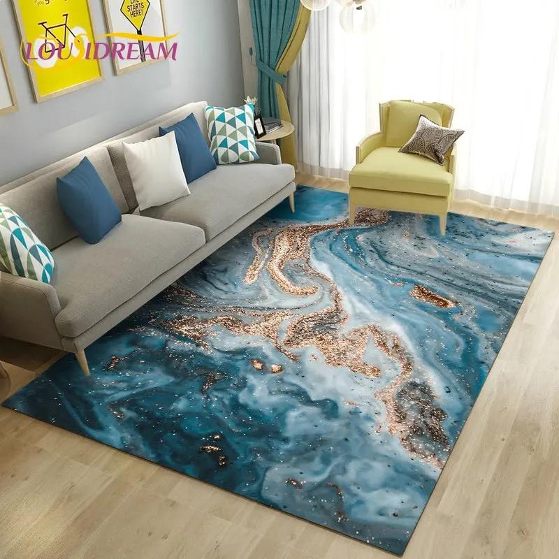 Nordic Marble Texture Goldren Cyan Area Rug Large,Carpet Rug for Living Room Bedroom Sofa Doormat Decor,Kid Non-slip Floor Mat