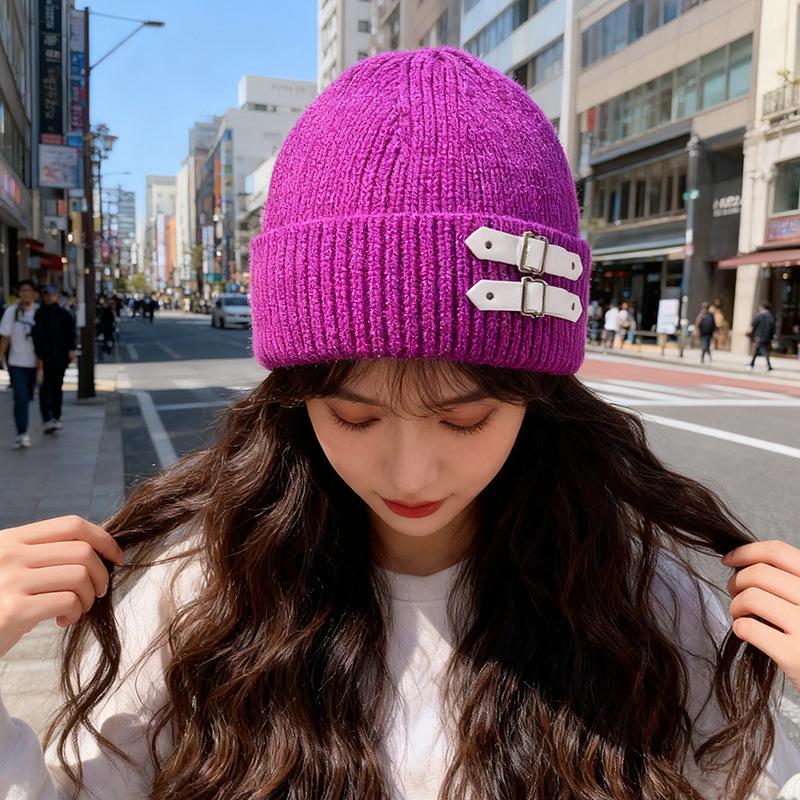 American Leather Buckle Knitted Cold Hat for Men and Women In Autumn and Winter Small Versatile Wool Hat Warm and Cold Hat