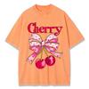 Pink Bow Cherry Prints Washed TShirts Womens Cotton Oversized Tops Distressed ONeck Comfortable T Shirts Summer Woman Clothes