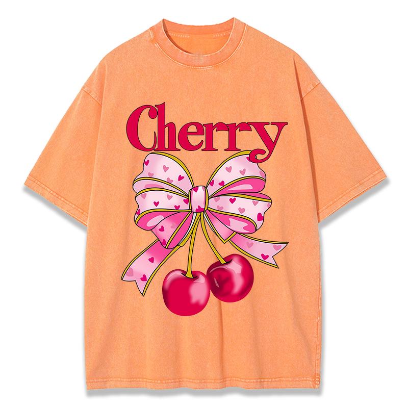 Pink Bow Cherry Prints Washed TShirts Womens Cotton Oversized Tops Distressed ONeck Comfortable T Shirts Summer Woman Clothes