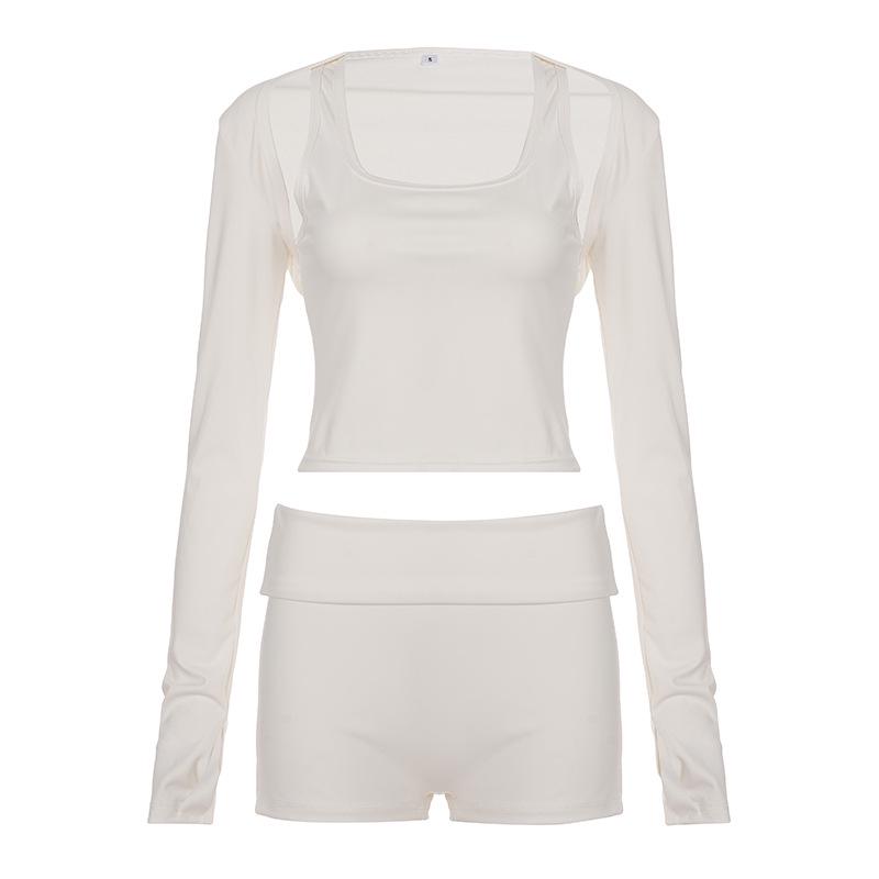 

European and American Style Casual Solid Color Camisole and Shorts Set: Women s Versatile Three-Piece Sportswear. Large