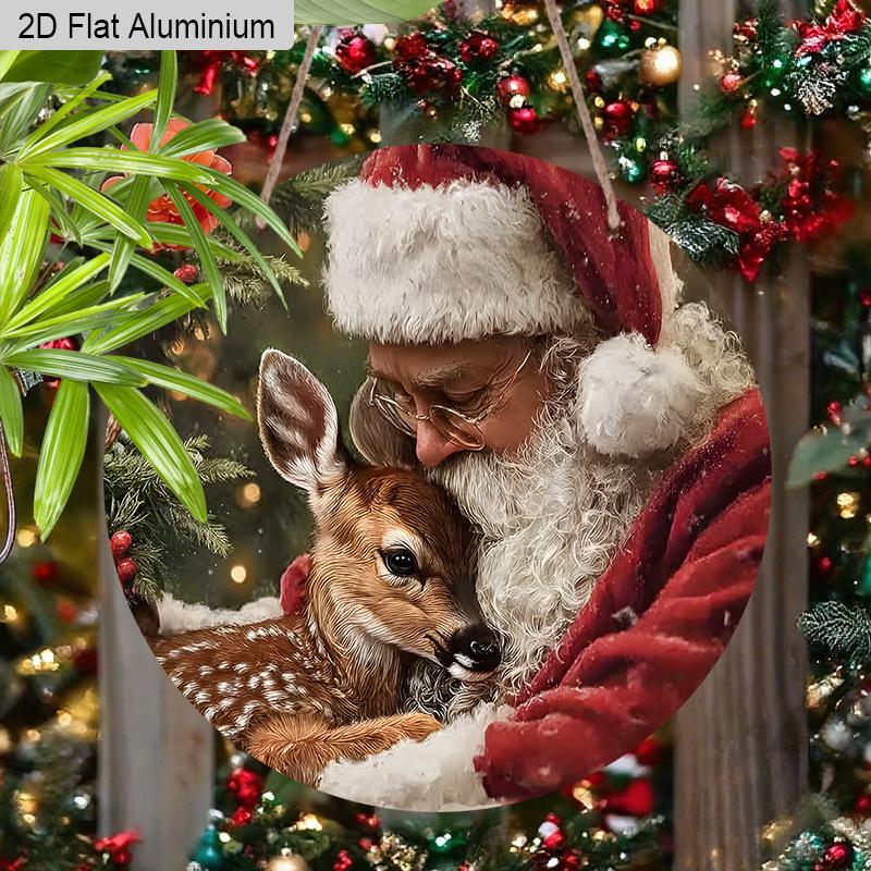 2D Flat Aluminium Christmas Sign with Santa Claus & Elk Pattern - Navidad Figurine Ornaments - Ideal for Front Door, Wall, Porch, Fence Decor - Ideal
