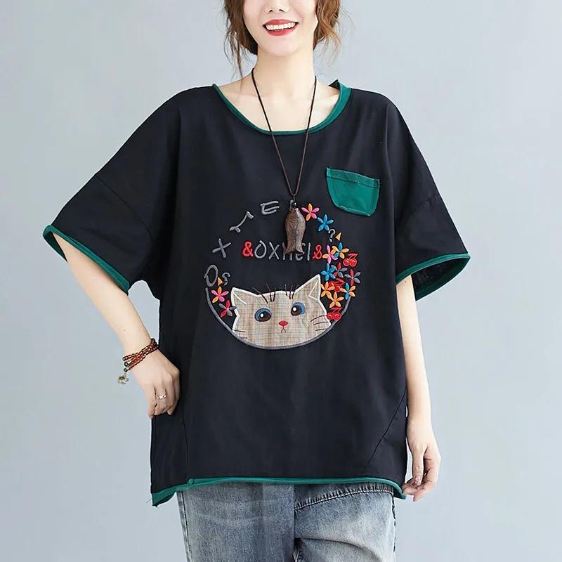

Women s New Art Retro Loose Slim Embroidered T-Shirt Women s Summer Top 5XL чорний