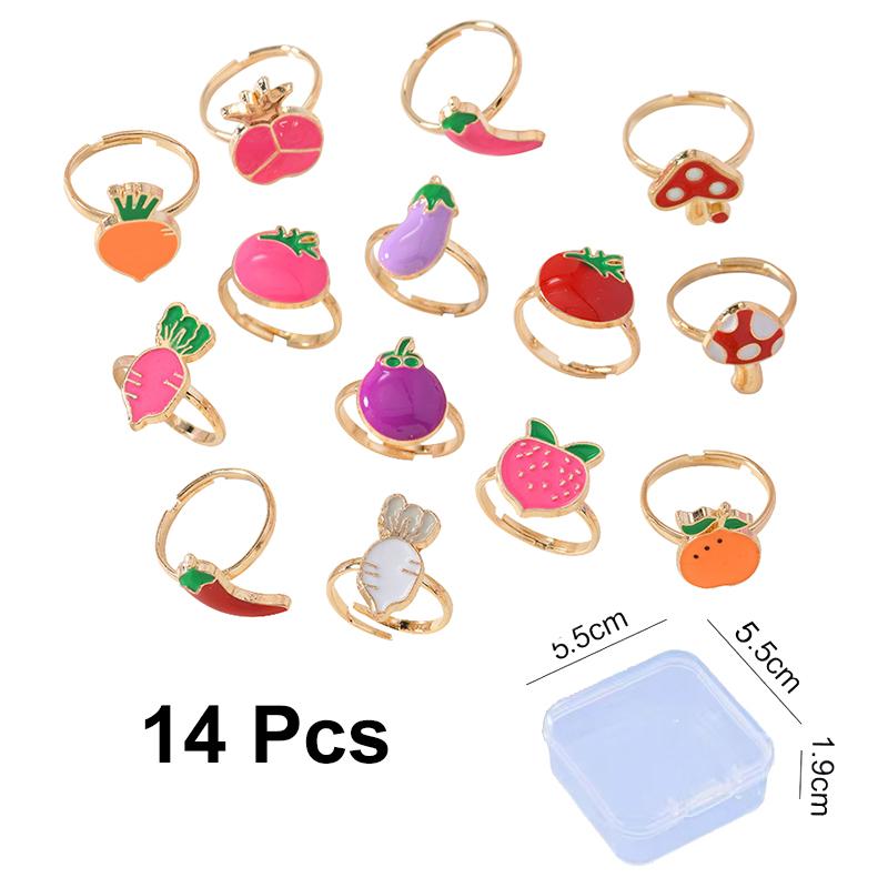14Pcs/Box Children Cute Adjustable Rings Pretend Play Makeup Toys for Girls Gifts Flower Unicon Alloy Rings Fashion Beauty
