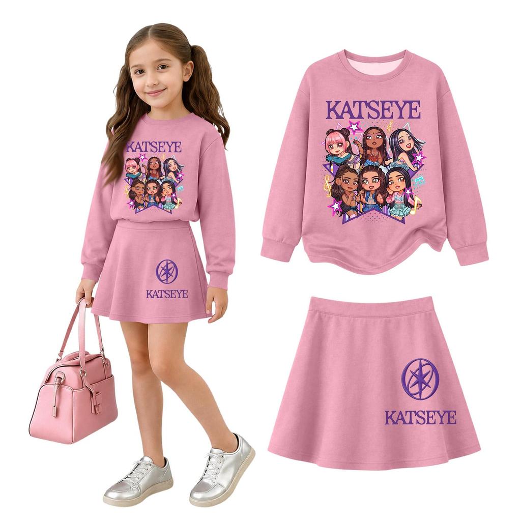 Girls' Long Sleeve Neck Top and Skirt 2 Piece Casual Outfit Set for Everyday Wear
