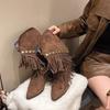 Studded Tassel Mid-Thigh Boots Autumn New Pointed Toe Suede Sleeve Soft Sole Non-Slip Wear-Resistant Block Heel Shoes