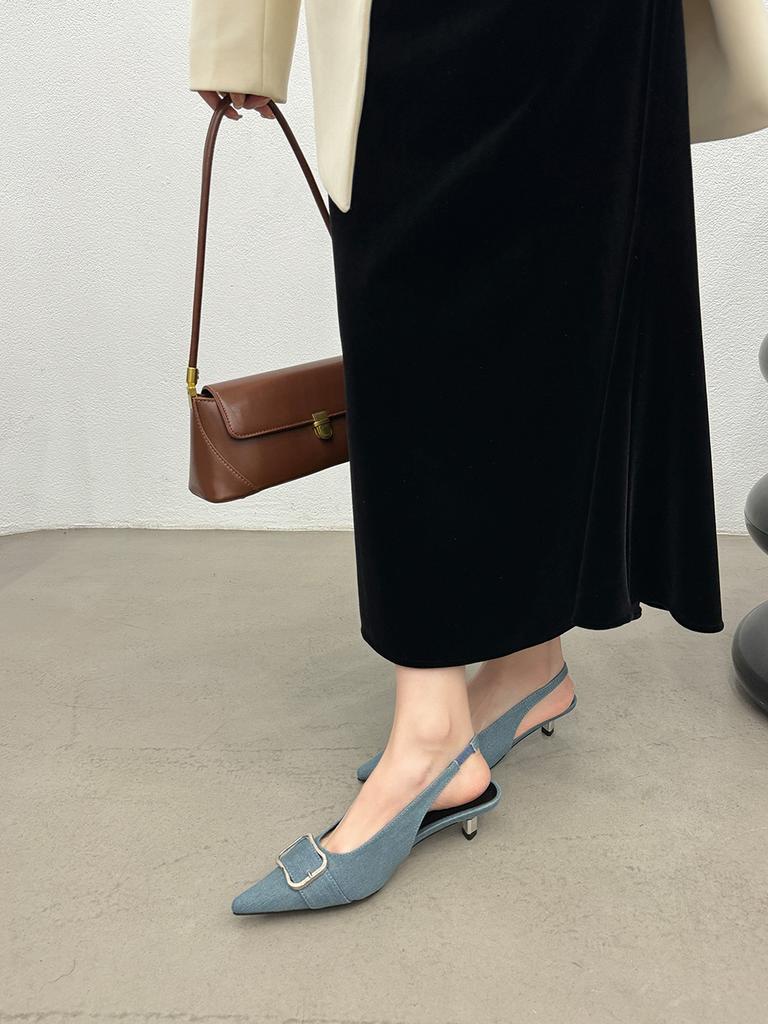 Fashion Fashion Women Sandals Pointed Toe Summer Dress Shoes Thin Mid Heels Black Beige Blue Silver Belt Buckle Party Sandals Summer 39