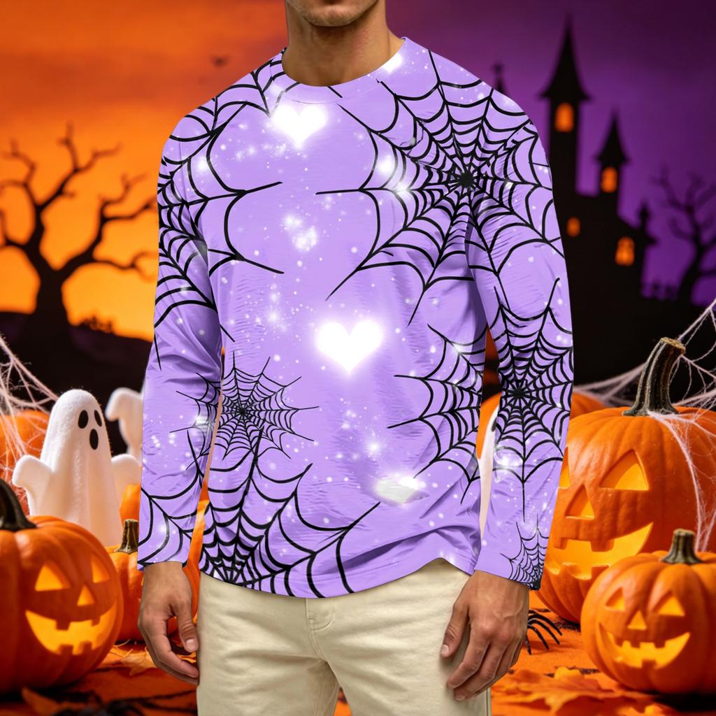 Men's Casual Long Sleeve T Shirt Crew Neck Halloween Pumpkin Print Lightweight Comfortable Fit Top for Everyday Wear