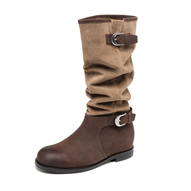 Boots Retro Brown Western Cowboy Boots New Belt Buckle Mid Boots Versatile Thick Heel