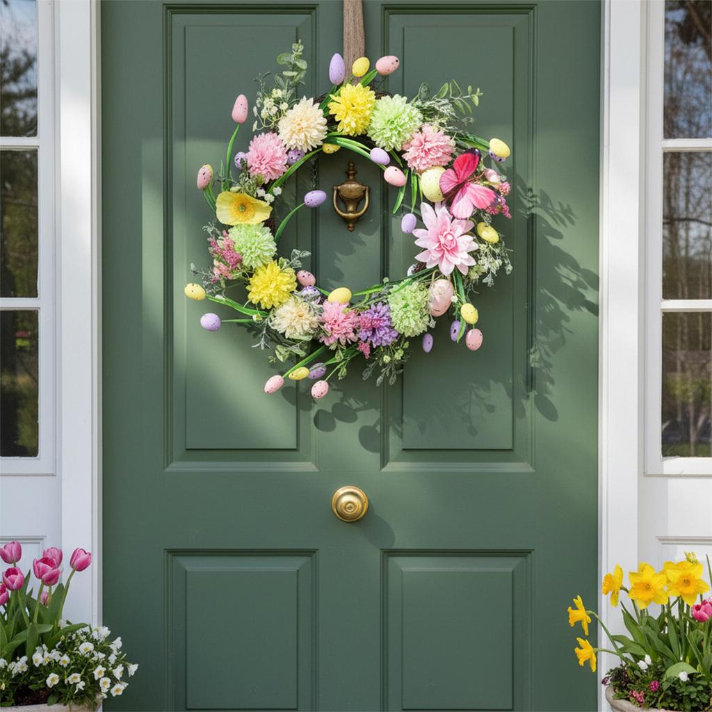 Easter Wreath 40cm Artificial Cute Festive Spring Garland Front Door Wreath for Family Friends Adults Men Women Holiday Home