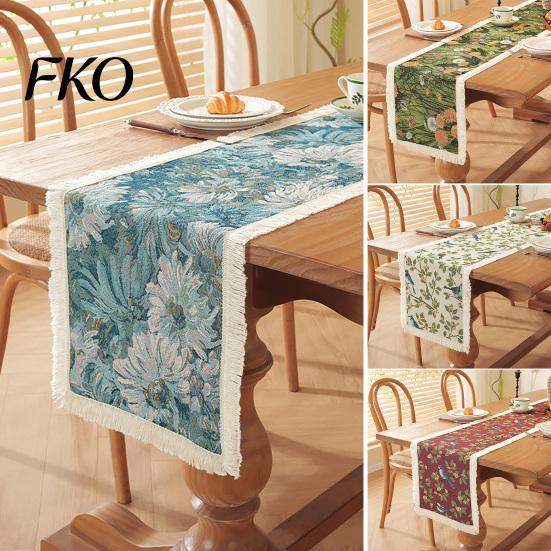 Fringed Edge Table Runner Runner, Vintage Floral Printed with Durable Edges, Protects from Heat Scratches Spills