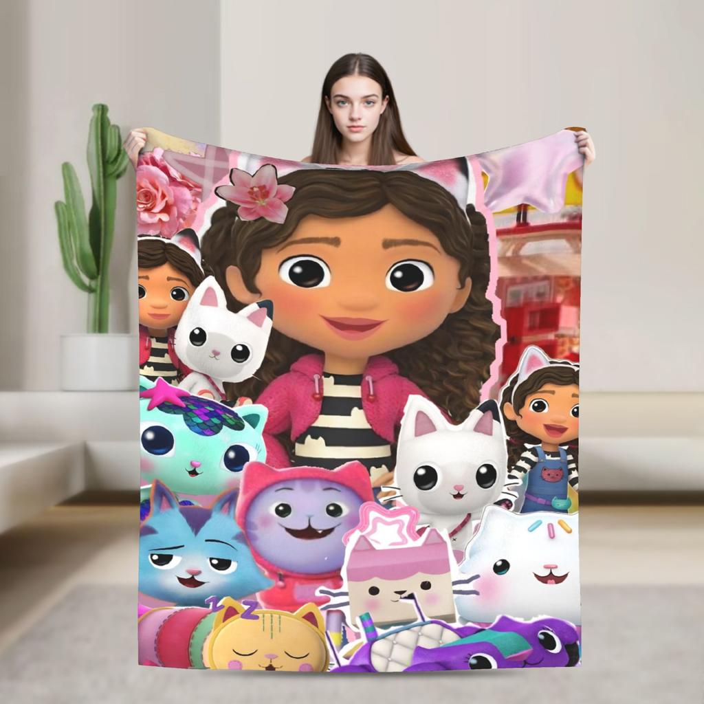Cartoon Cute Gabby Dollhous Flannel Blanket Soft Durable Bedding Throws for Bedroom Picnic Fluffy Bedspread Sofa Bed Cover