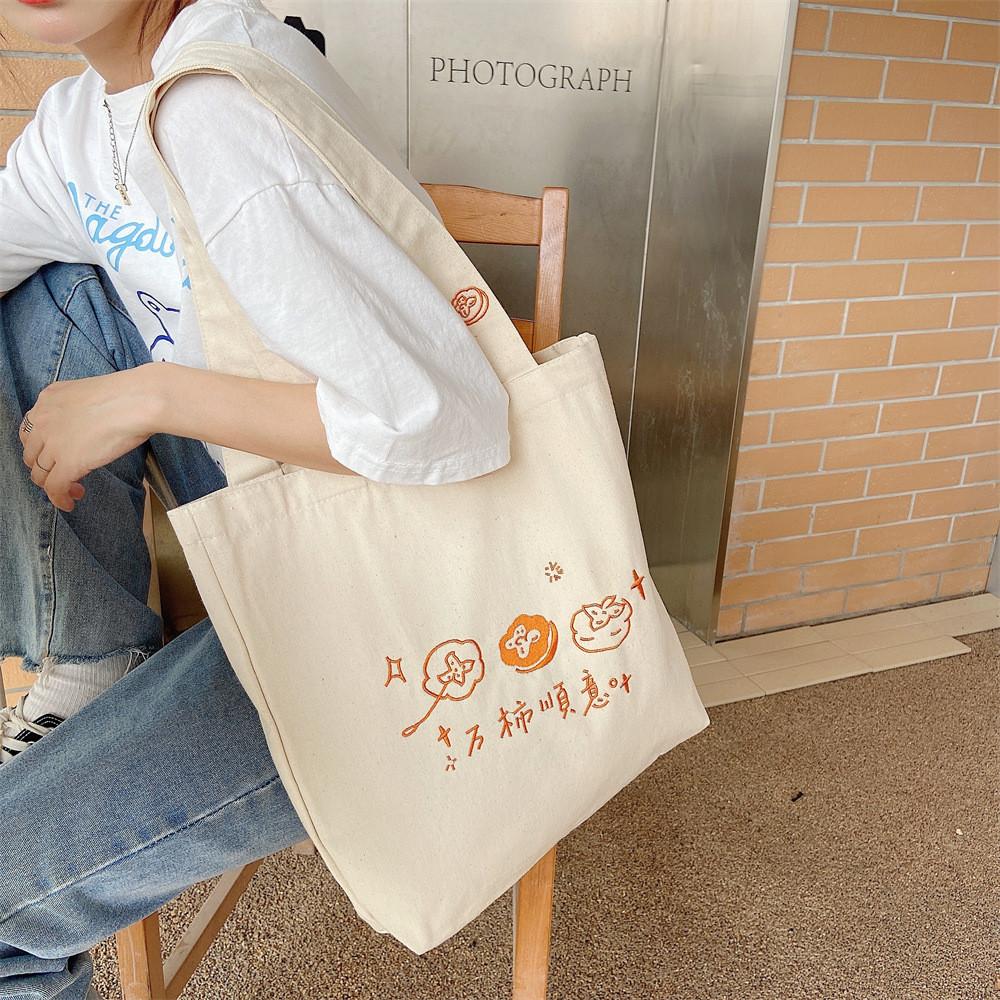 Stylish Embroidered Canvas Tote Bag For Trendy Girls With Large Capacity Soft Fabric