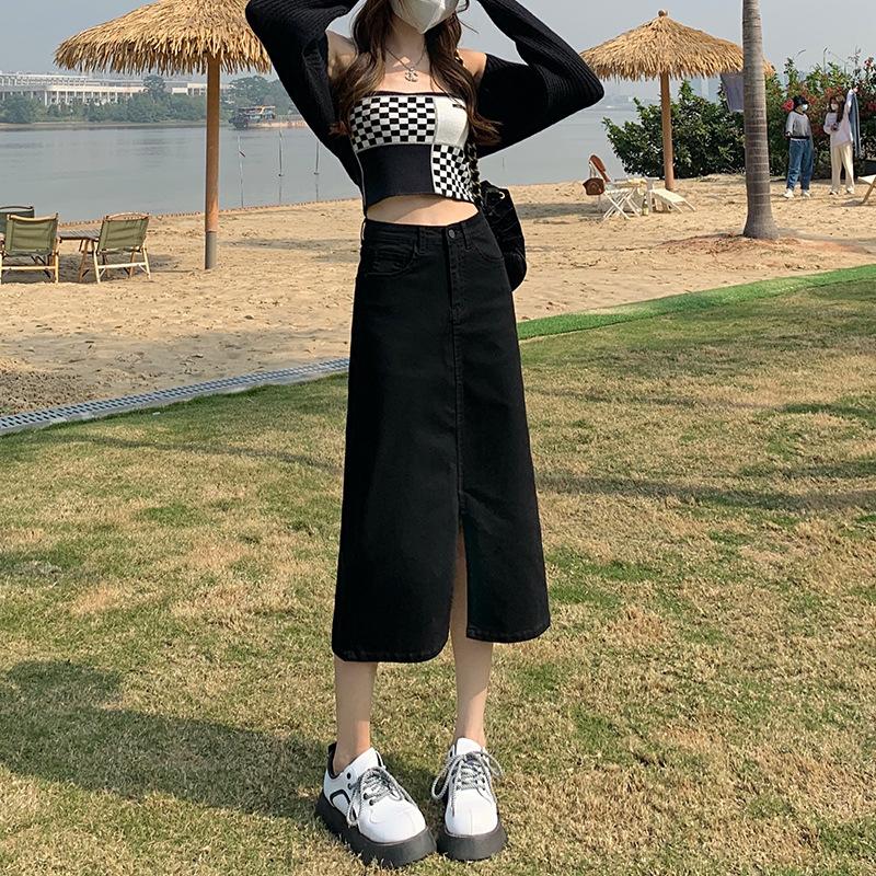 Summer Women High-waist Retro A-Line Skirt Pockets Front Slit Washed Blue Denim Skirts Hip-covering Straight Long Jeans Skirt