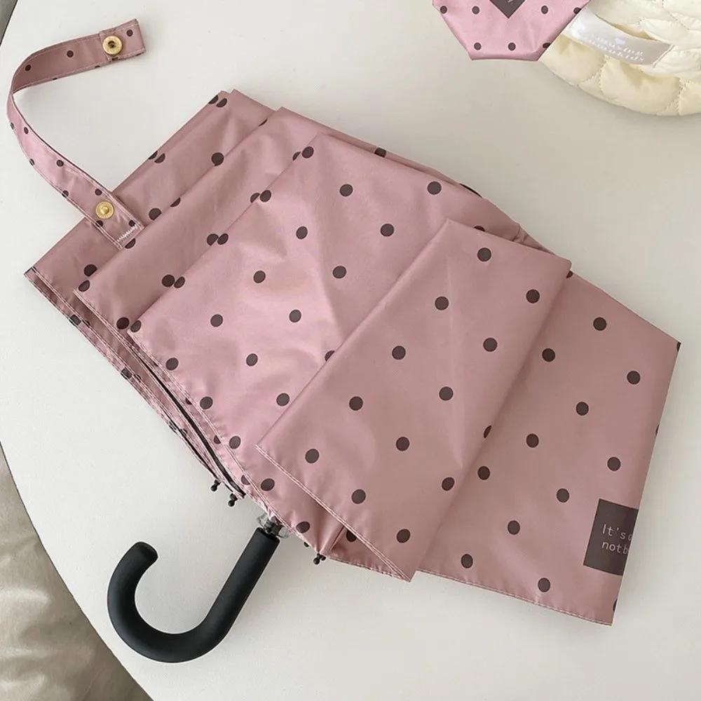 Summer Polka Dot Folding Umbrella 8 Ribs Windproof U Shape Handle Lightweight Manual UV Sunshade Rainproof Dual Use