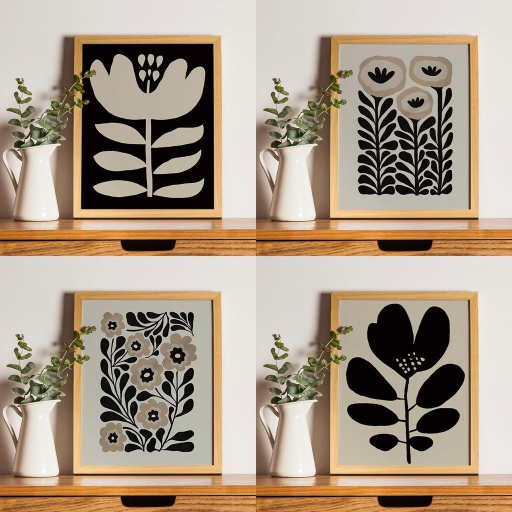 JXREQ Vinatge Boho Abstract Matisse Floral Wall Art, Mid Century Modern Abstract Black and Beige Floral Wall Decor for Home Kitchen Bedroom Bathroom