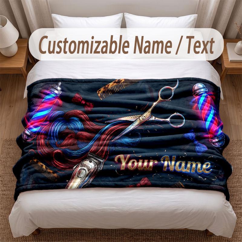 Barber Salon Theme Soft Blanket Personalized Custom Name Text Print Warm Blanket Home Sofa Bedroom Decor