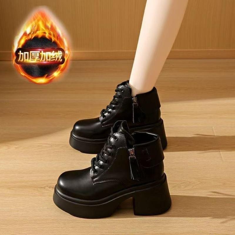 British soft leather heightening short boots women's autumn and winter new short boots low-top Martin boots small high-heeled cotton boots women