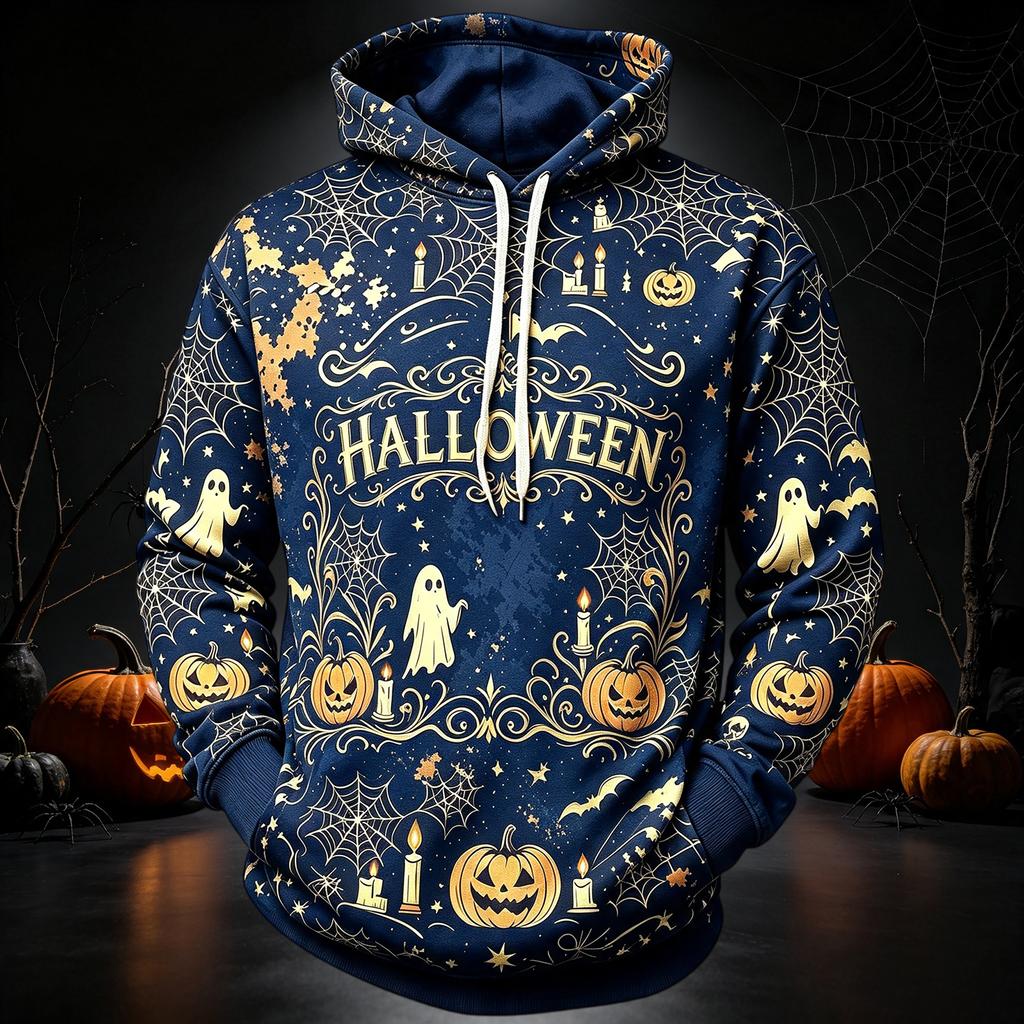 Men's Casual Long Sleeve Hoodie with Halloween Print for Everyday Wear