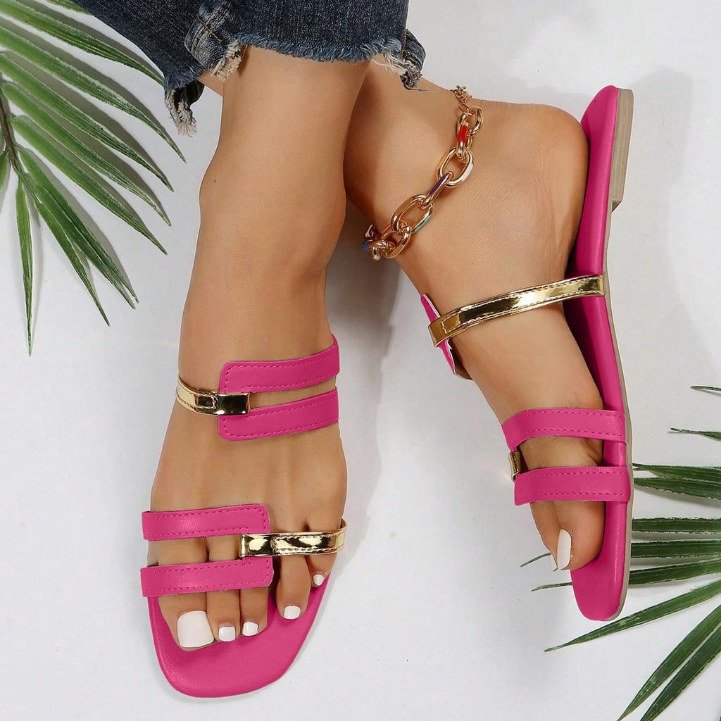 Massage Sandals Women Women'S Flat Soled Fashionable Patchwork Color Square Toe Slippers Fashionable Chaussures Femmes éLéGantes