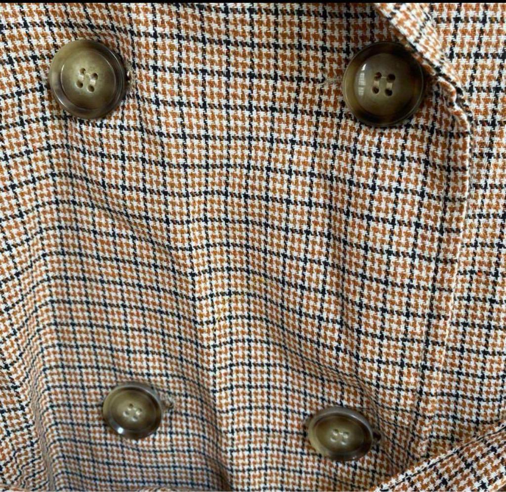[USED] Brown Check Double-Breasted Coat, No-Collar Long Coat, Korean Style