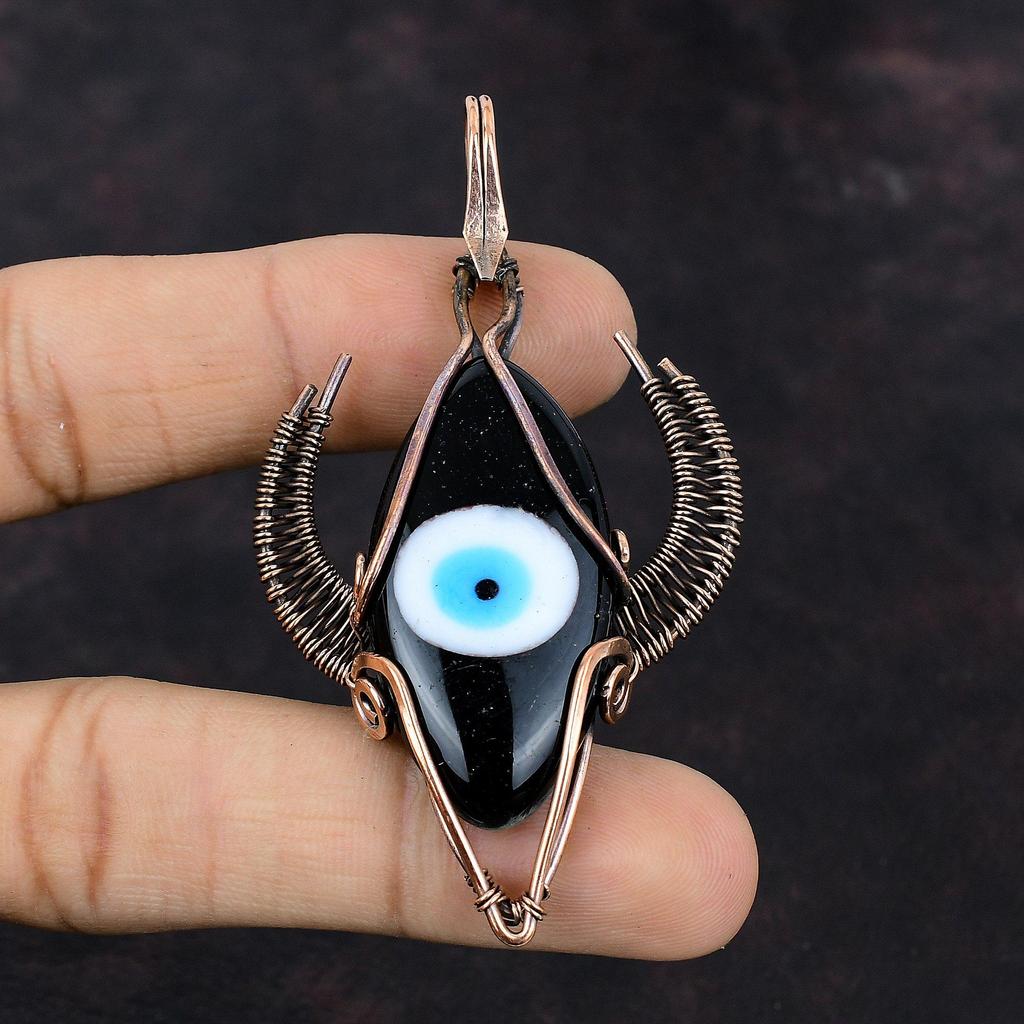 Black Color Evil Eye Pendant Copper Wire Wrapped Pendant Handmade Jewelry Bull Face Shape Pendant Copper Jewelry Gemstone Pendant For Gift