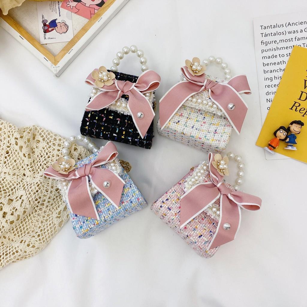 Adorable Pearl Mini Handbag For Kids Fashionable Winter Bow Decorated Coin Purse
