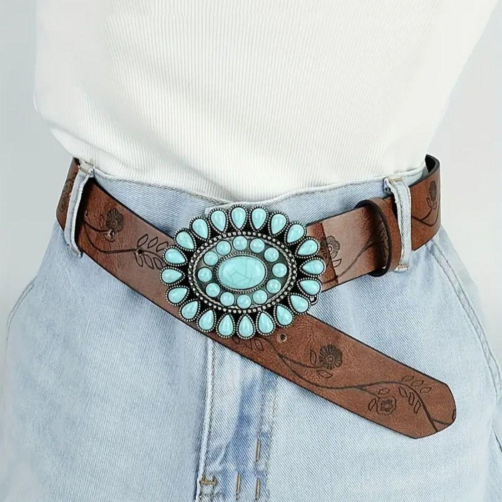 Brown Embossed Waist Belt Oval Turquoise Buckle Dress Waistband  Niche Accessories